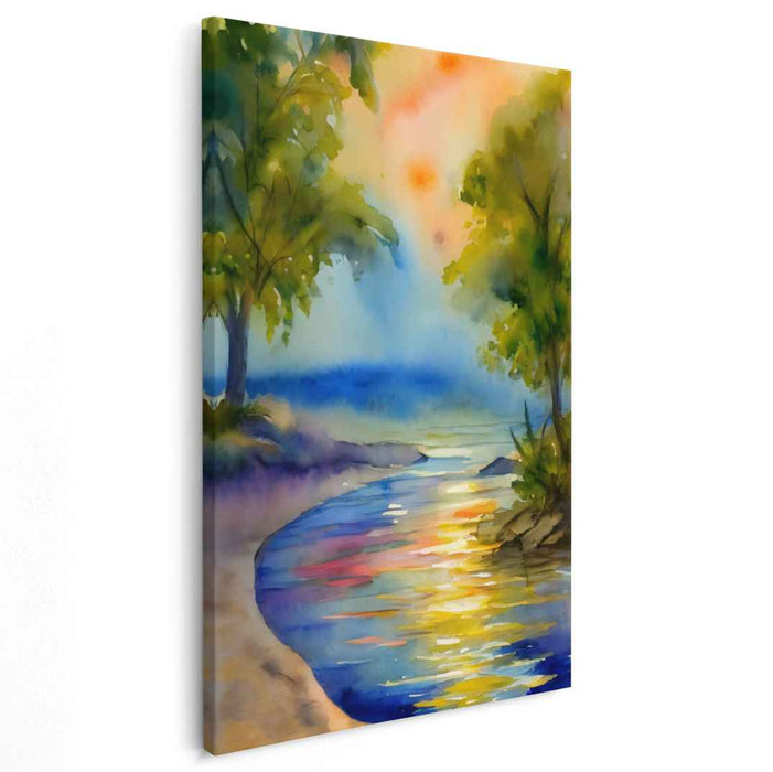 Dusk by the River Bank: Watercolor Riverside Sunset