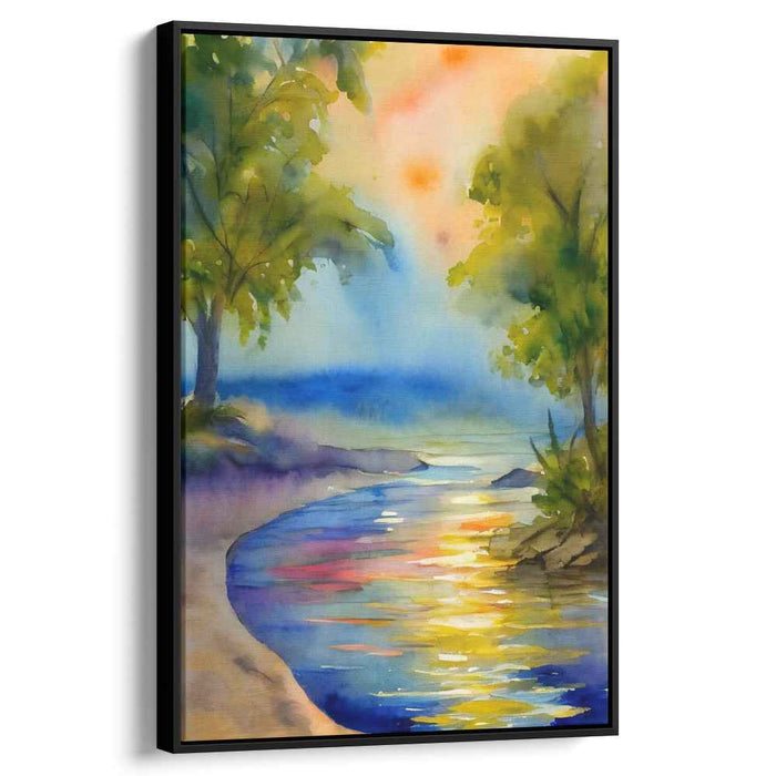 Dusk by the River Bank: Watercolor Riverside Sunset