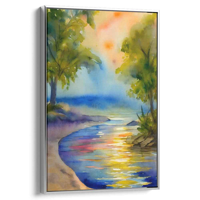 Dusk by the River Bank: Watercolor Riverside Sunset