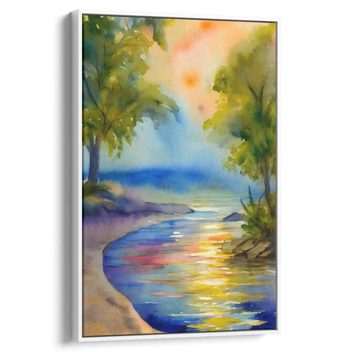 Dusk by the River Bank: Watercolor Riverside Sunset