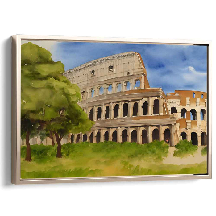 Whispers of Ancient Ferns: Lush Greenery and Historic Colosseum Watercolor Art