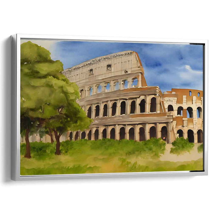 Whispers of Ancient Ferns: Lush Greenery and Historic Colosseum Watercolor Art