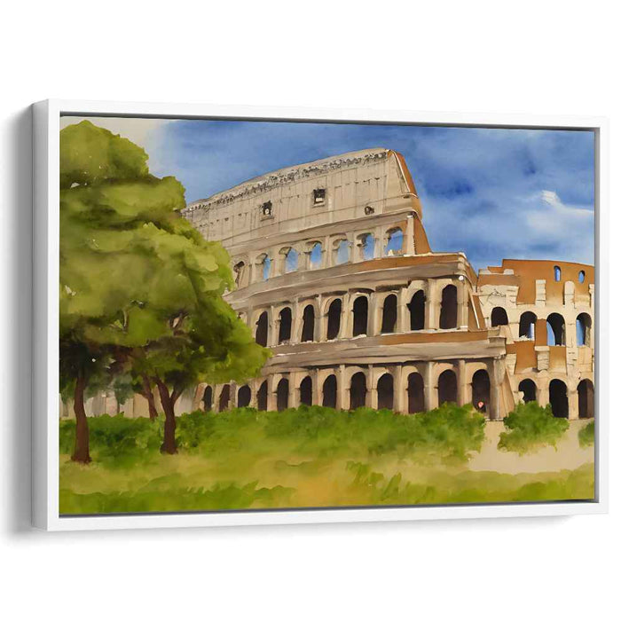 Whispers of Ancient Ferns: Lush Greenery and Historic Colosseum Watercolor Art