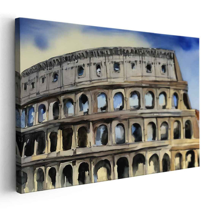 Echoes In Aquatic Hues: Watercolor Impression of Rome's Ancient Colosseum