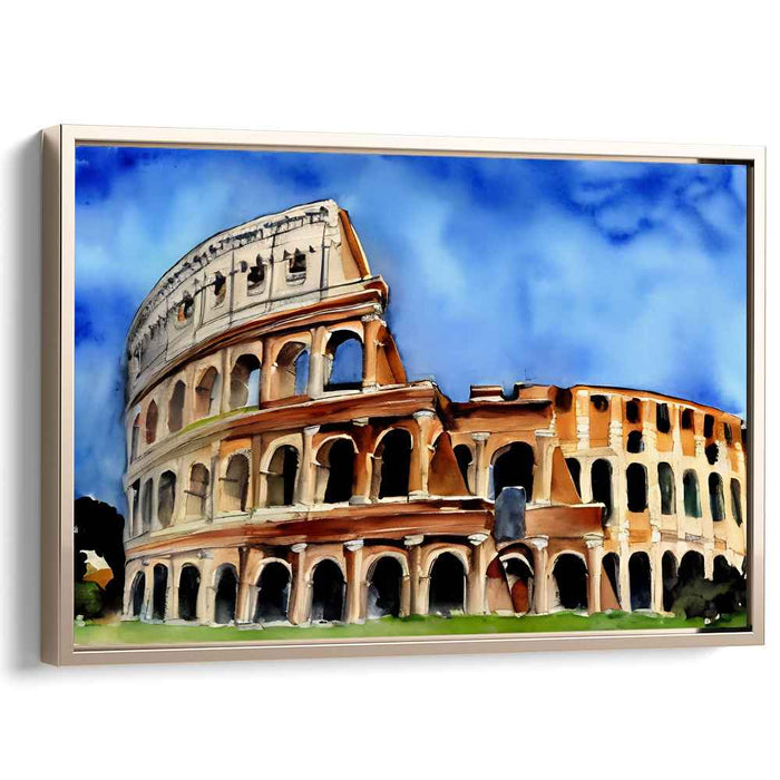 Chromatic Arena Splashes: Watercolor Colosseum in Dynamic Hues Canvas Art