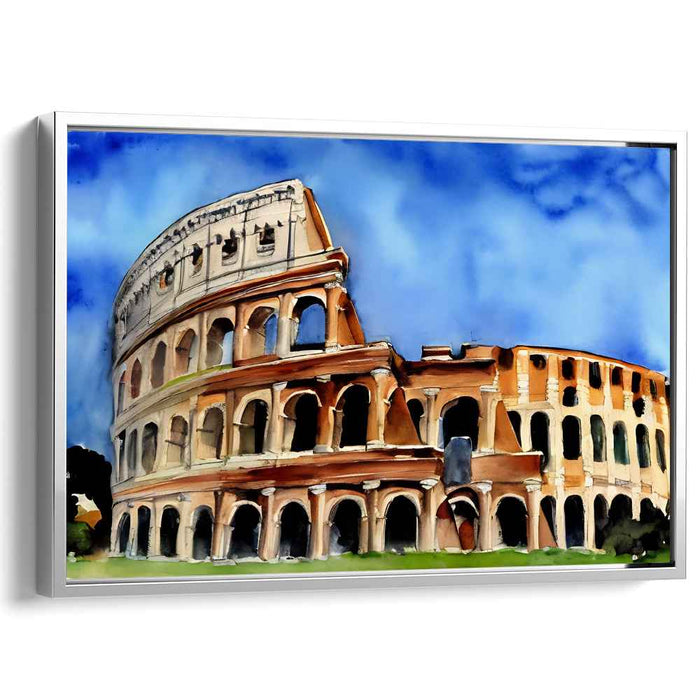 Chromatic Arena Splashes: Watercolor Colosseum in Dynamic Hues Canvas Art
