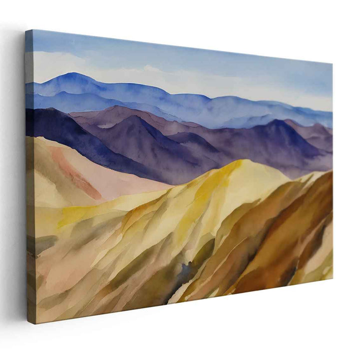 Ephemeral Horizon Harmony: Watercolor Landscape of Rolling Hills and Distant Mountains