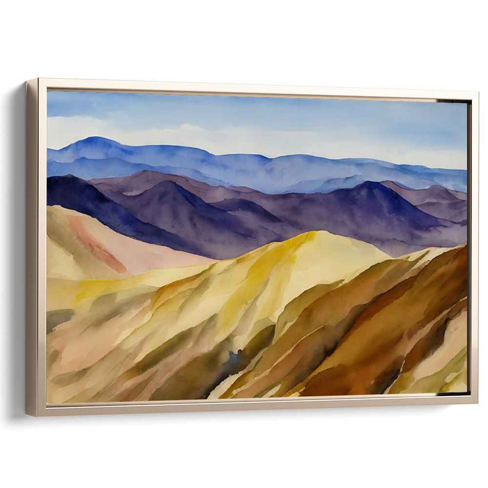 Ephemeral Horizon Harmony: Watercolor Landscape of Rolling Hills and Distant Mountains