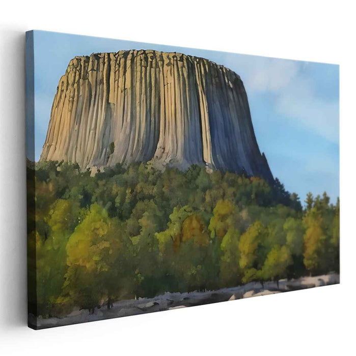 Monumental Serenity: Majestic Rock Formation and Autumn Forest Landscape Canvas Art