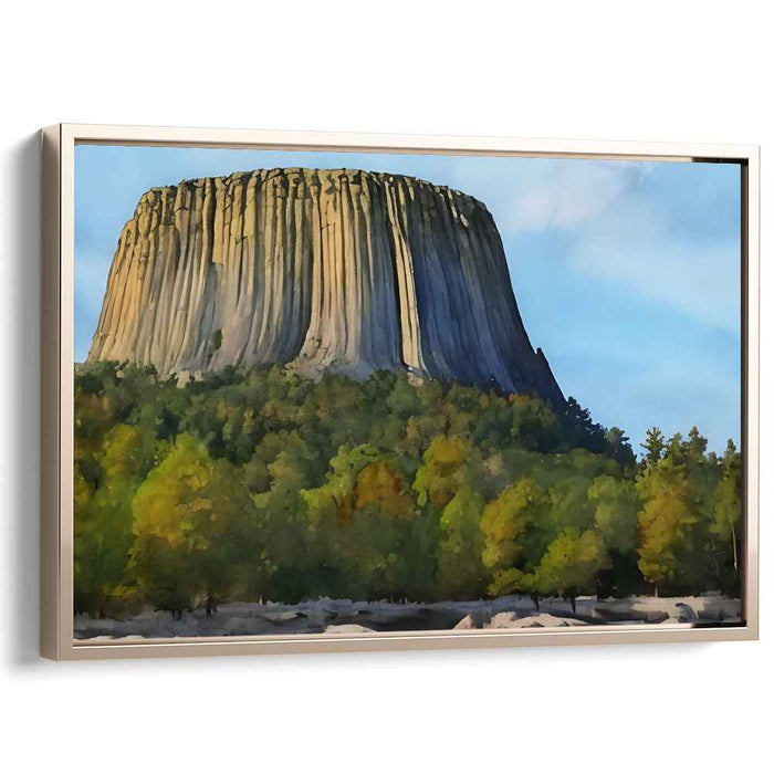 Monumental Serenity: Majestic Rock Formation and Autumn Forest Landscape Canvas Art