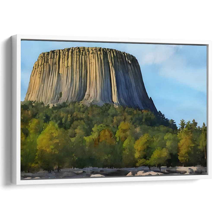 Monumental Serenity: Majestic Rock Formation and Autumn Forest Landscape Canvas Art