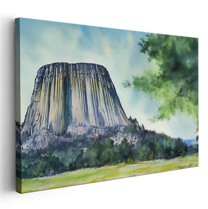 Ethereal Stone Symphony: Watercolor Painting of Devils Tower
