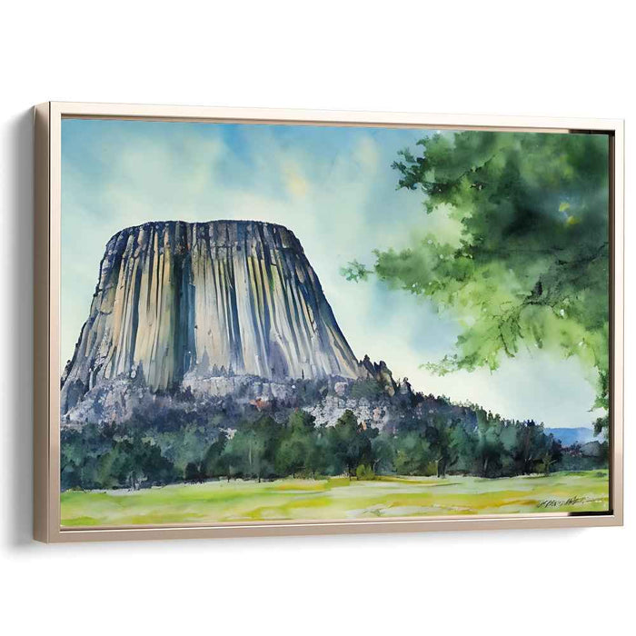 Ethereal Stone Symphony: Watercolor Painting of Devils Tower