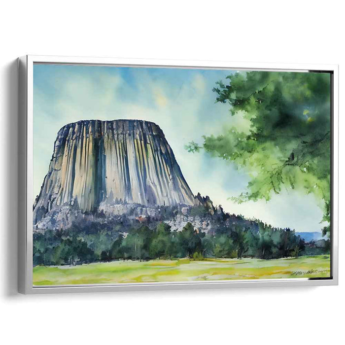 Ethereal Stone Symphony: Watercolor Painting of Devils Tower