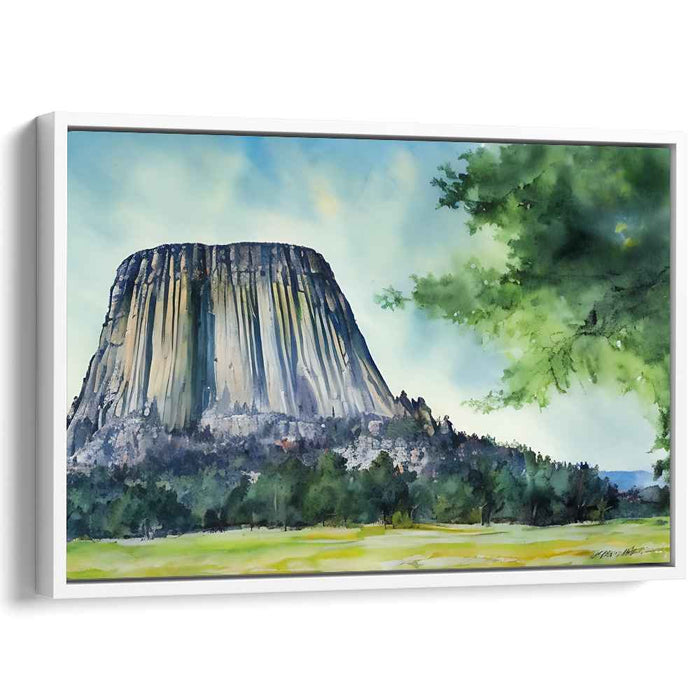 Ethereal Stone Symphony: Watercolor Painting of Devils Tower