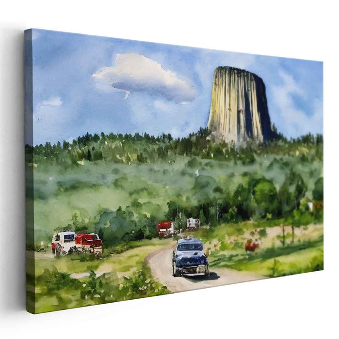 Retro Horizon Journey: Devils Tower Scenic Landscape with Vintage Vehicles