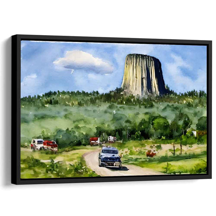 Retro Horizon Journey: Devils Tower Scenic Landscape with Vintage Vehicles
