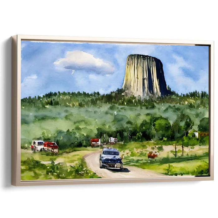 Retro Horizon Journey: Devils Tower Scenic Landscape with Vintage Vehicles