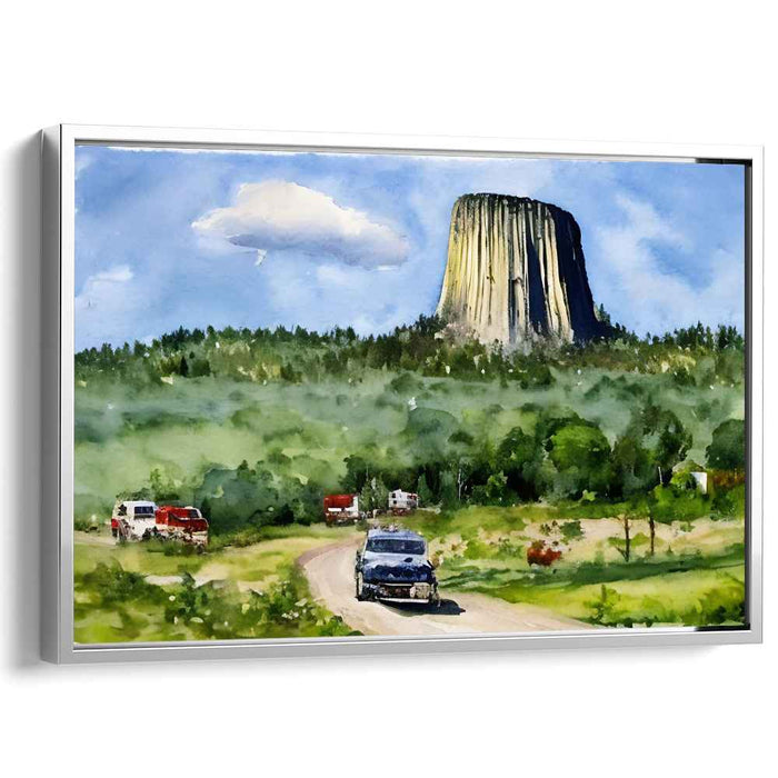 Retro Horizon Journey: Devils Tower Scenic Landscape with Vintage Vehicles