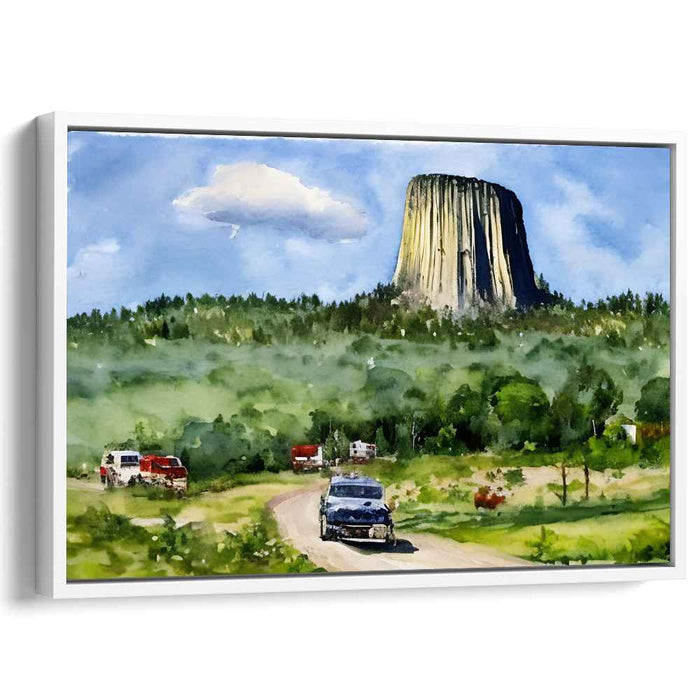 Retro Horizon Journey: Devils Tower Scenic Landscape with Vintage Vehicles