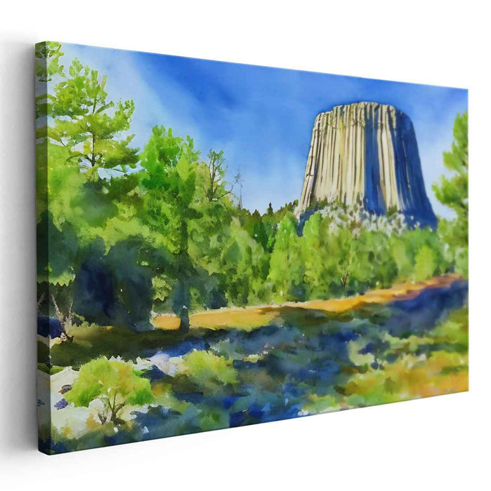 Majestic Monolith Mirage: Watercolor Landscape of Devil's Tower Canvas Art