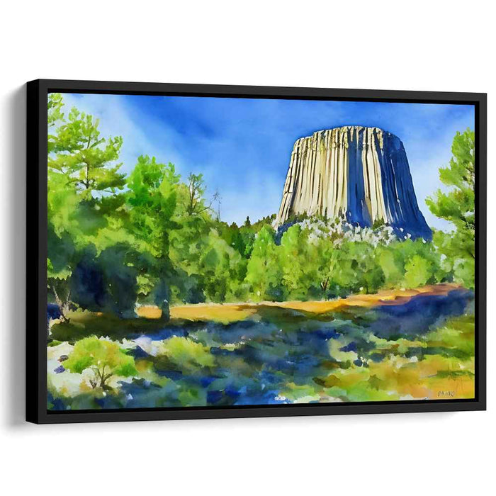 Majestic Monolith Mirage: Watercolor Landscape of Devil's Tower Canvas Art