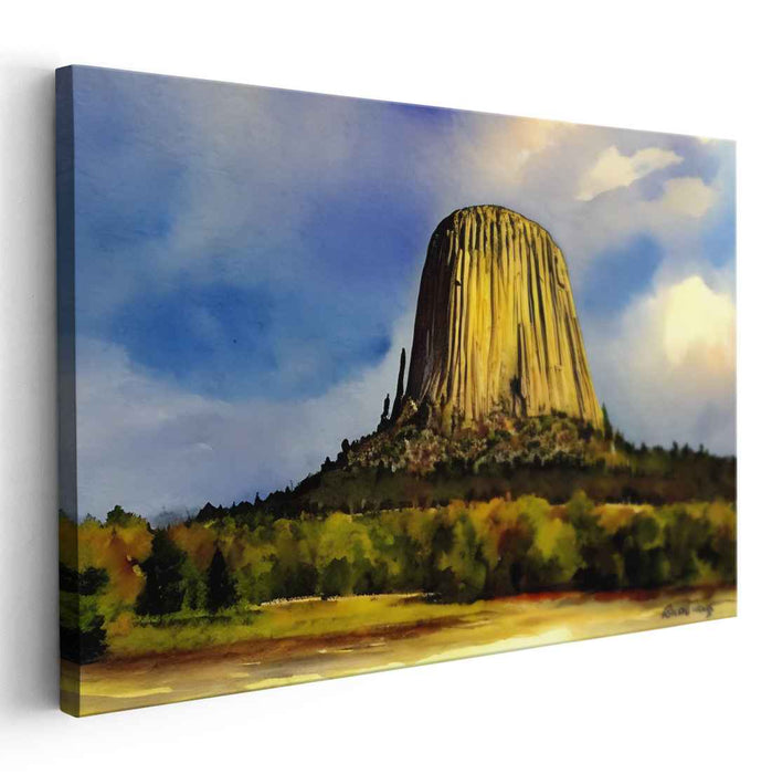 Cascade of Stone Giants: Watercolor Vista of a Towering Monolith