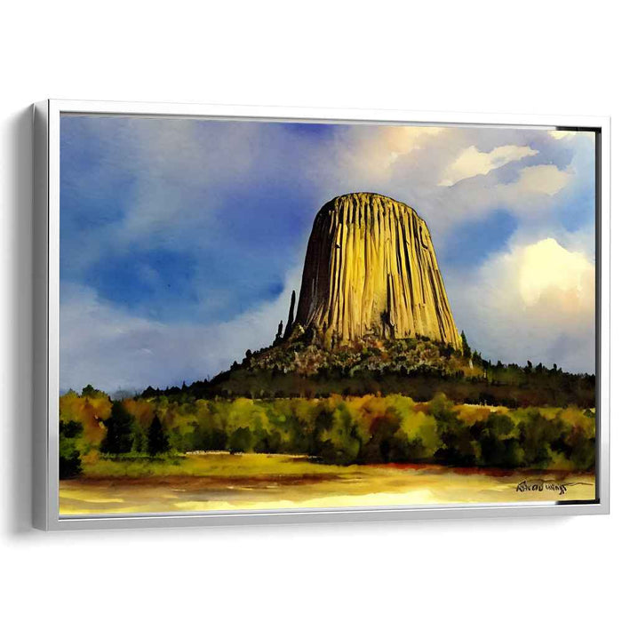 Cascade of Stone Giants: Watercolor Vista of a Towering Monolith