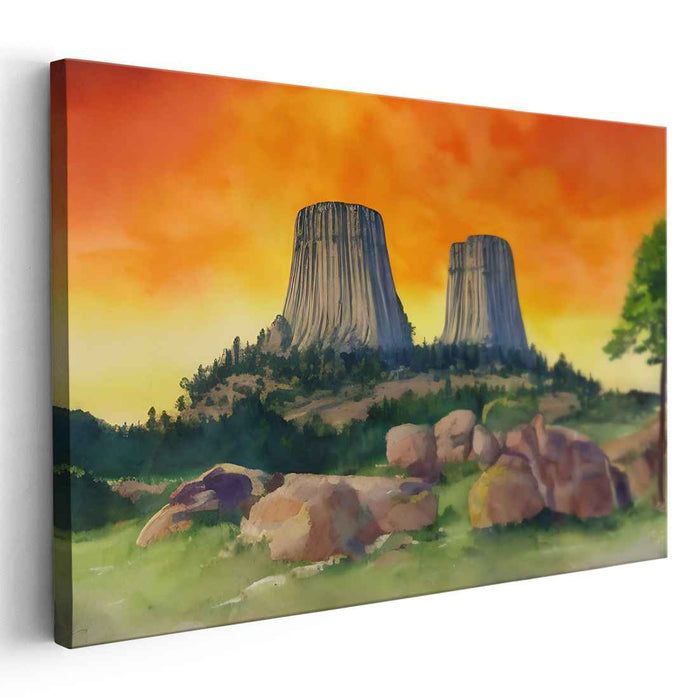 Majestic Twin Buttes at Sunset: A Watercolor Landscape Masterpiece