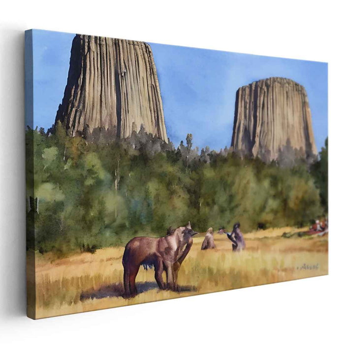Sentinels of Stone: Bear and Towering Rock Formations Canvas Art Print