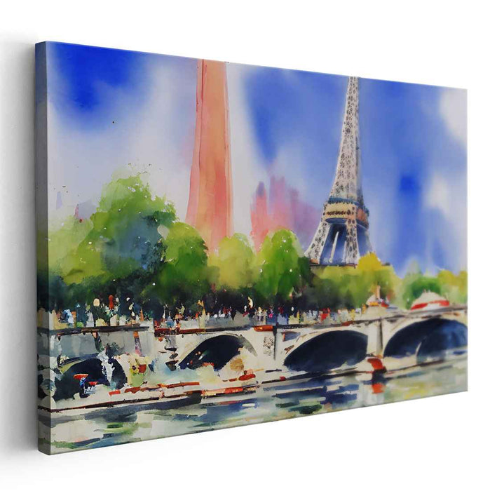 Eiffel's Reflections: Vibrant Watercolor View of the Eiffel Tower and Seine River