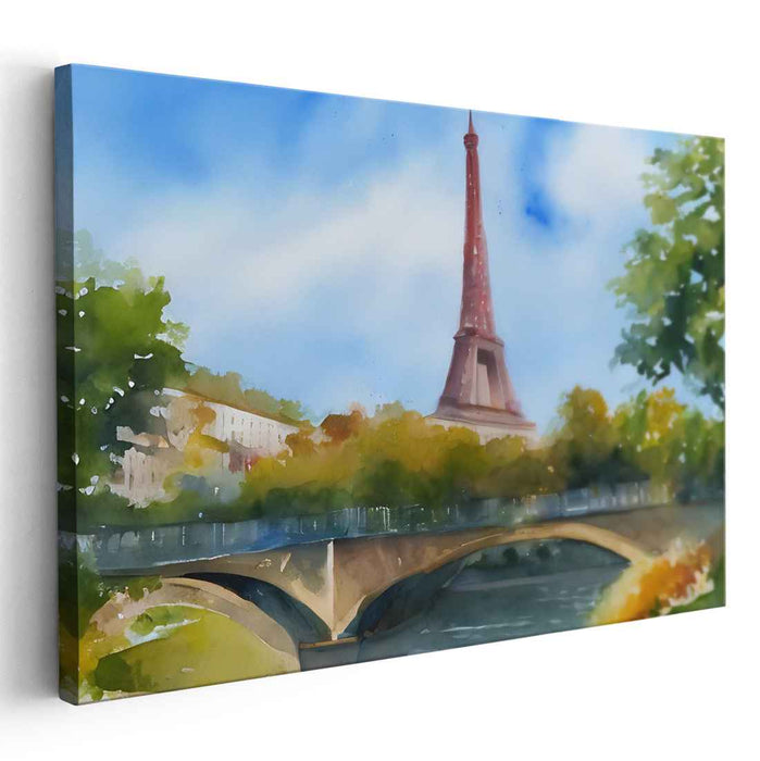 Parisian Ripples: Watercolor Eiffel Tower and Seine River Canvas Art Print