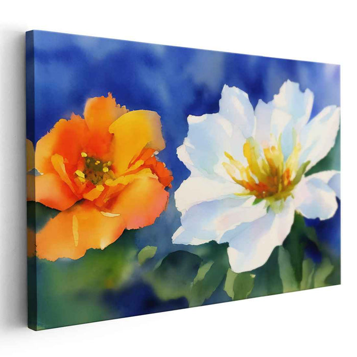 Citrus Blossom Dance: Vibrant Orange and White Floral Watercolor Canvas Art Print