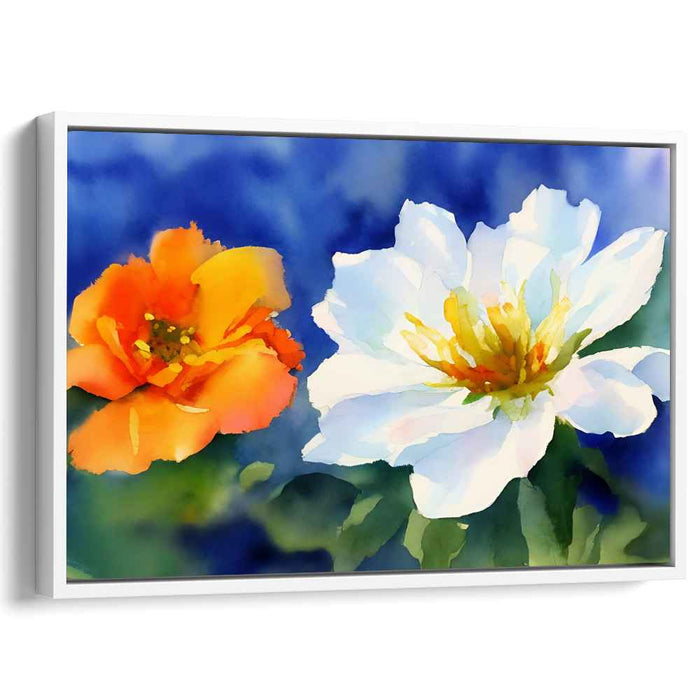 Citrus Blossom Dance: Vibrant Orange and White Floral Watercolor Canvas Art Print