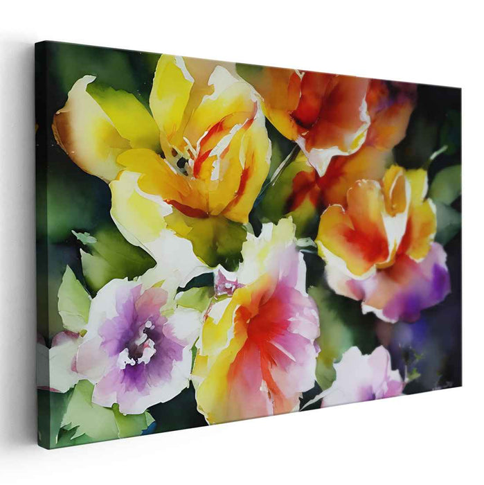 Blossoms Dance in Raindrops: Watercolor Floral Garden Canvas Art Print