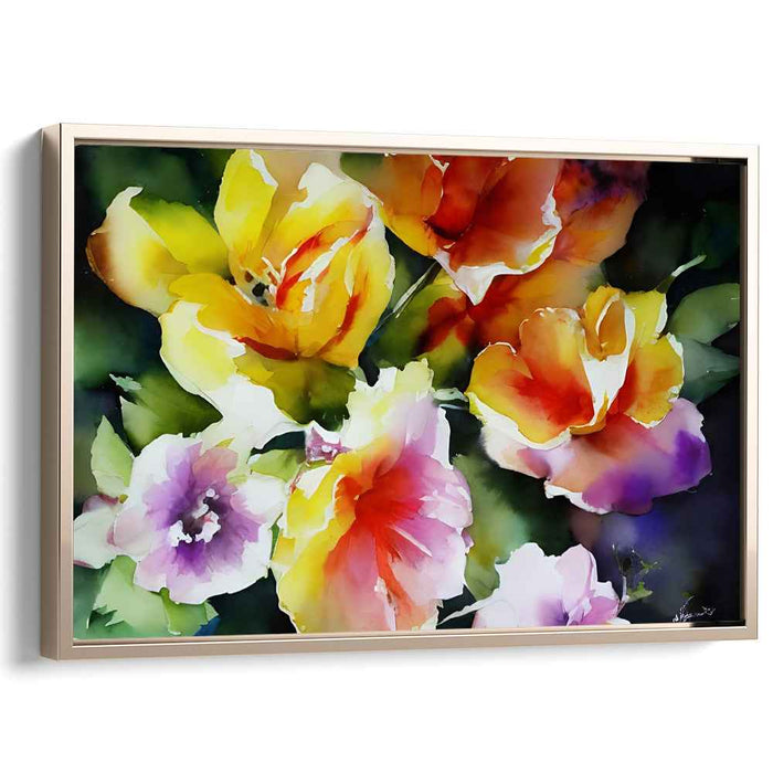 Blossoms Dance in Raindrops: Watercolor Floral Garden Canvas Art Print