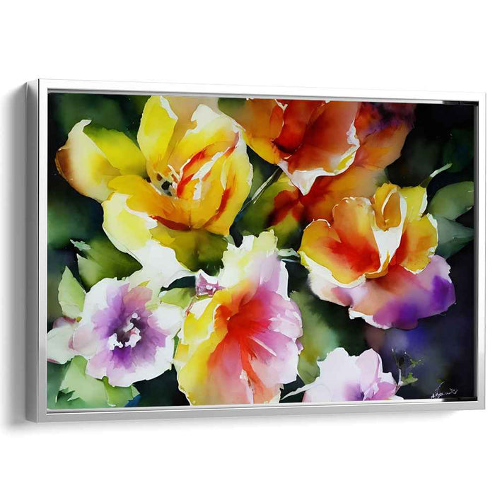 Blossoms Dance in Raindrops: Watercolor Floral Garden Canvas Art Print