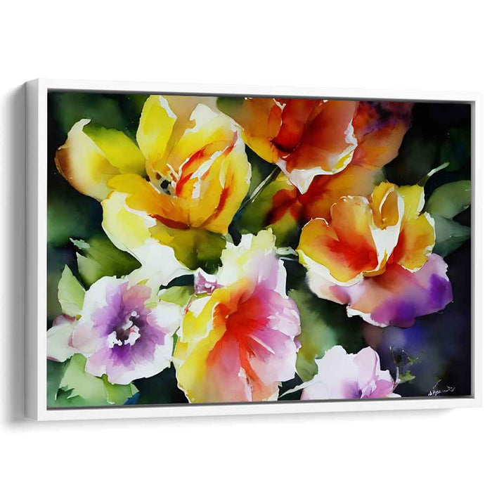Blossoms Dance in Raindrops: Watercolor Floral Garden Canvas Art Print