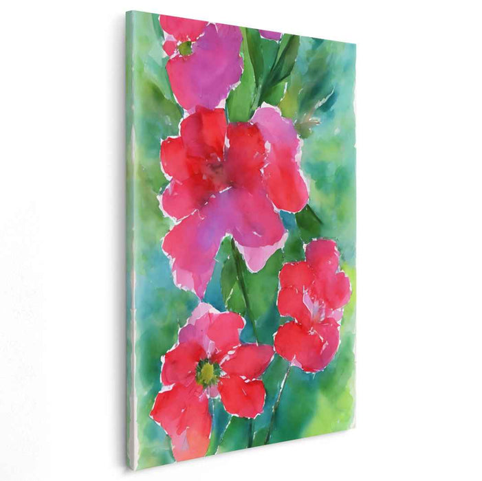 Ruby Petals Dance on Leaves: Watercolor Red Flowers on Green Canvas Art Print