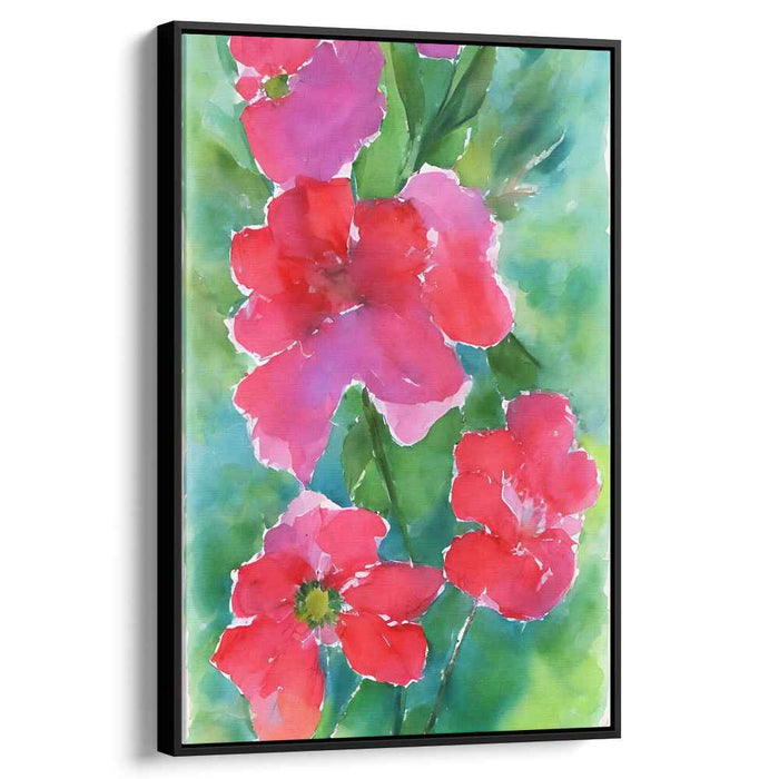 Ruby Petals Dance on Leaves: Watercolor Red Flowers on Green Canvas Art Print