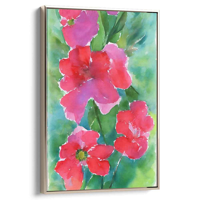 Ruby Petals Dance on Leaves: Watercolor Red Flowers on Green Canvas Art Print