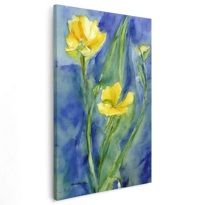Sunshine Blooms: Watercolor Yellow Flowers on Blue Canvas Art Print