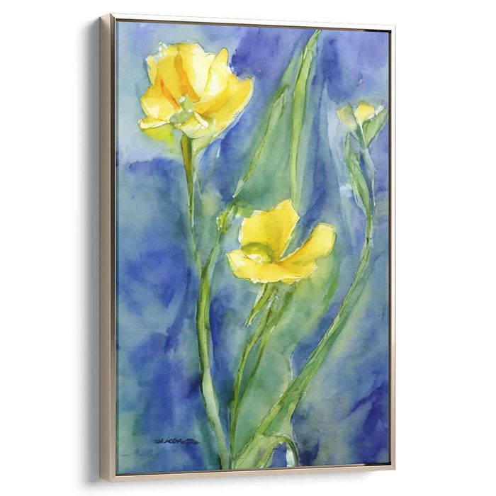 Sunshine Blooms: Watercolor Yellow Flowers on Blue Canvas Art Print