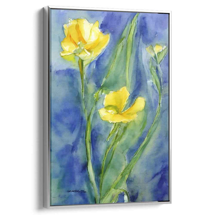 Sunshine Blooms: Watercolor Yellow Flowers on Blue Canvas Art Print