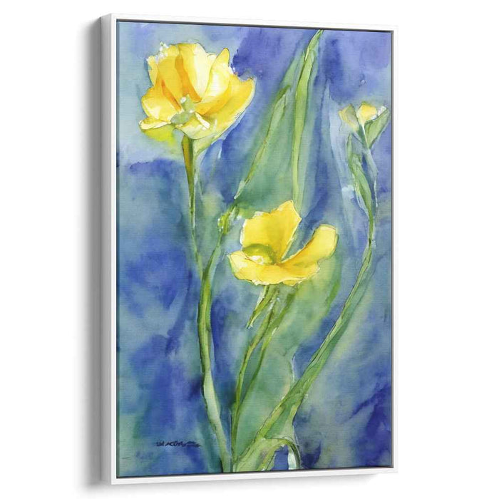 Sunshine Blooms: Watercolor Yellow Flowers on Blue Canvas Art Print