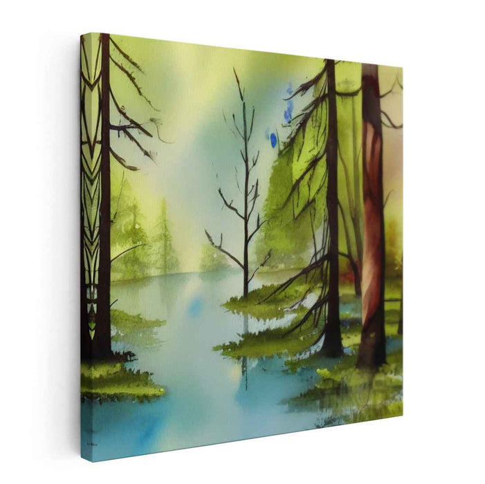 Serenity Among Tall Trees: Tranquil Forest Watercolor Landscape