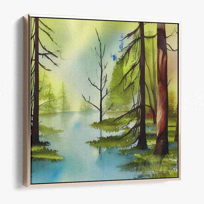 Serenity Among Tall Trees: Tranquil Forest Watercolor Landscape