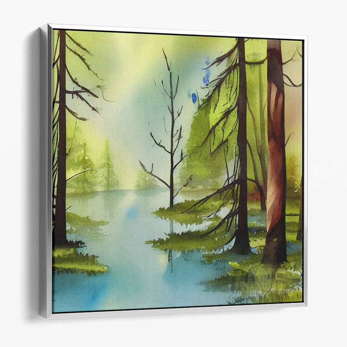 Serenity Among Tall Trees: Tranquil Forest Watercolor Landscape