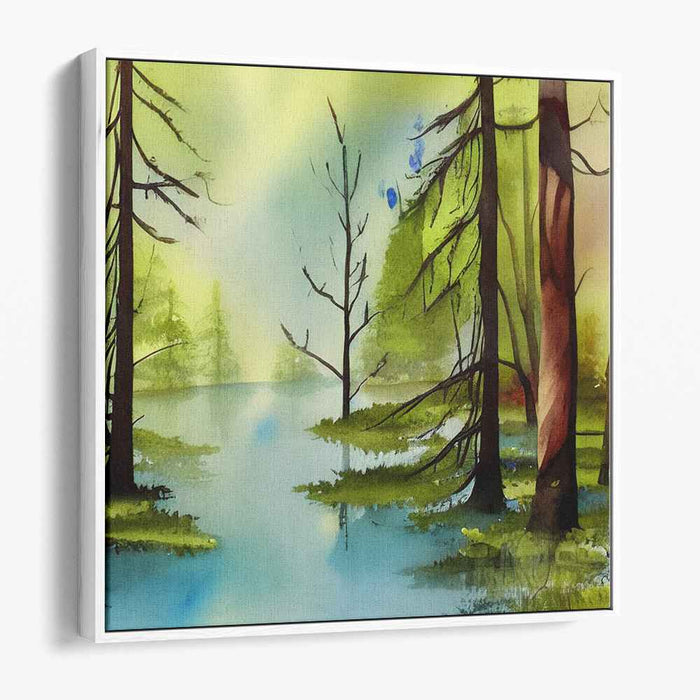 Serenity Among Tall Trees: Tranquil Forest Watercolor Landscape