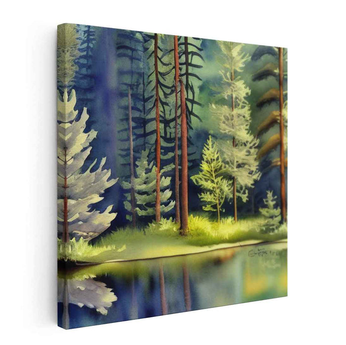 Enchanted Waterside Canopy: Lush Forest by Lakeside Watercolor Art Print